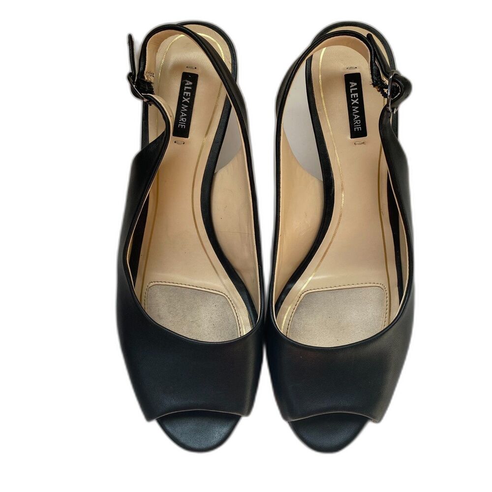 ALEX MARIE Black Leather Open Toe Adjustable Strap Slingback 2 1/2" Heel Size 9 - Picture 2 of 6